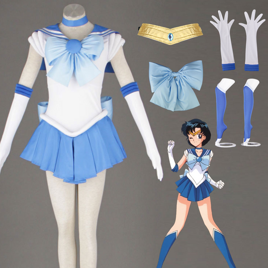 Anime Sailor Moon Costume Mizuno Ami Sailor Mercury Fighting Cosplay Outfit and Accessories Women and Kids Halloween