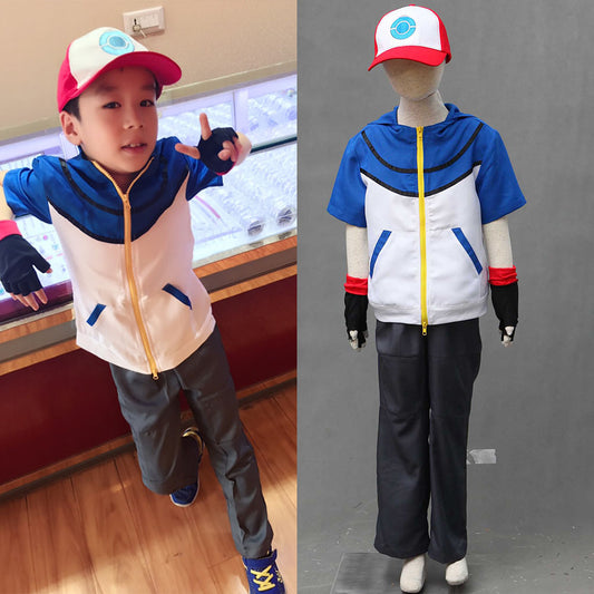 Men and Kids Anime Pokemon Costume Trainer Ash Ketchum Short Sleeves Cosplay Suit with Accessories