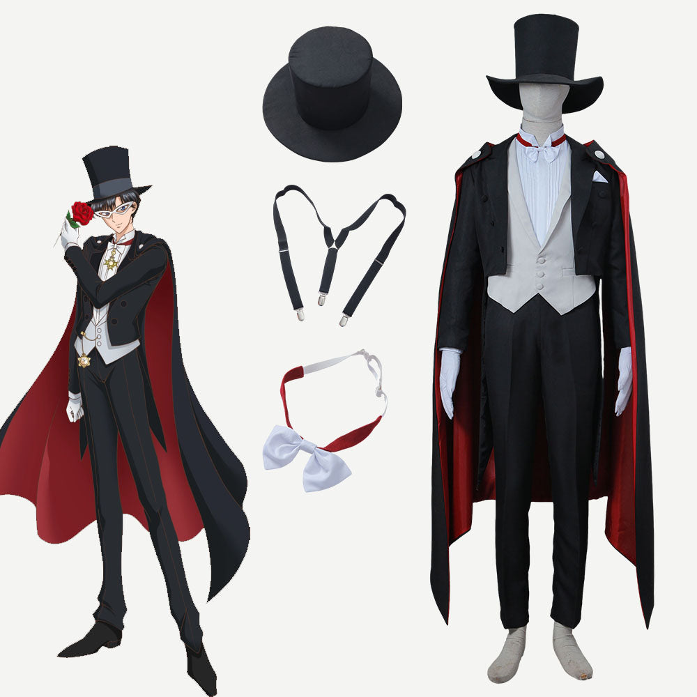 Hallowee Sailor Moon Costume Tuxedo Mask Chiba Mamoru Cosplay Outfits with Accessories Men and Kids