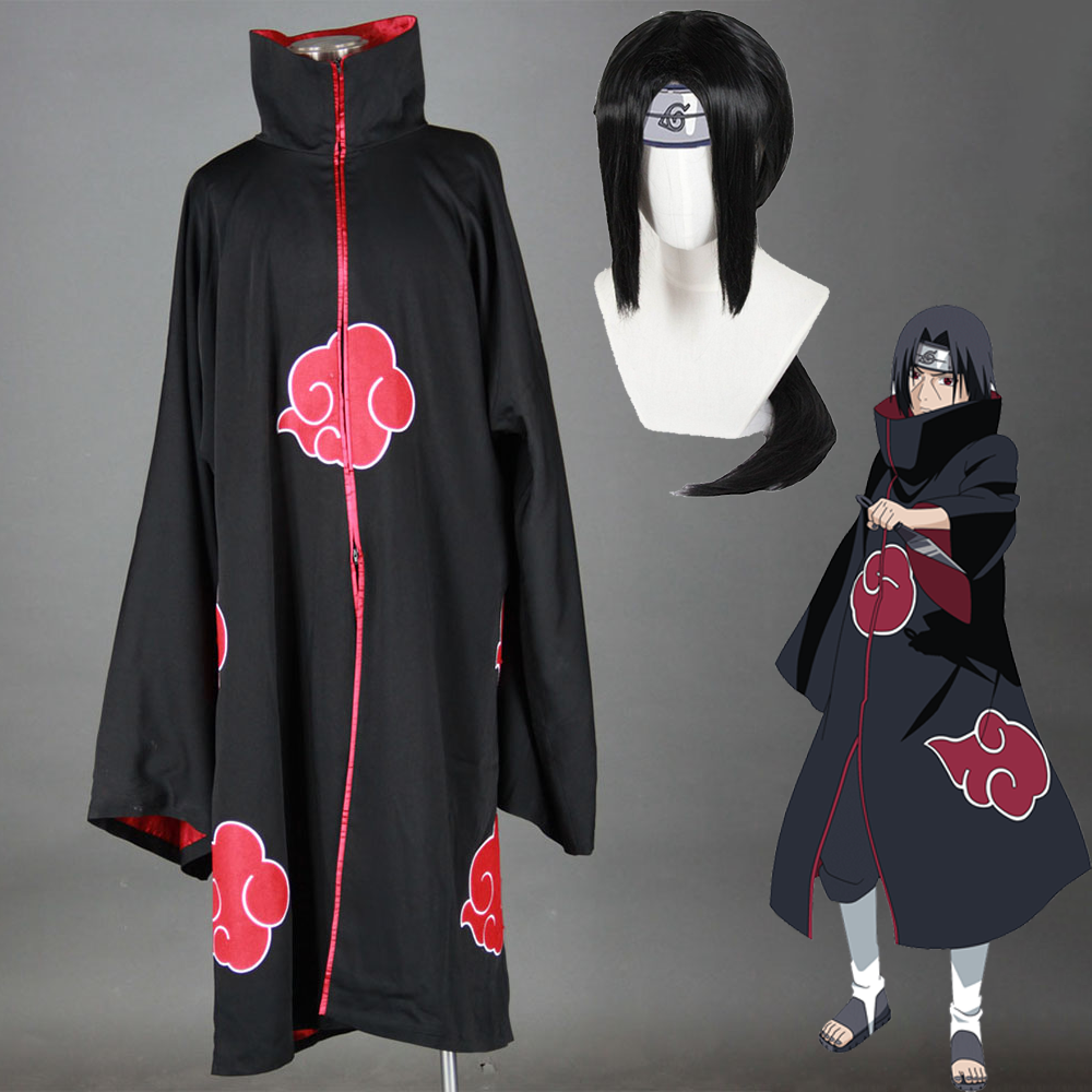 Anime Naruto Shippuden Akatsuki Cloak Uchiha Itachi Cosplay Costumes with Wig Men Kids Halloween