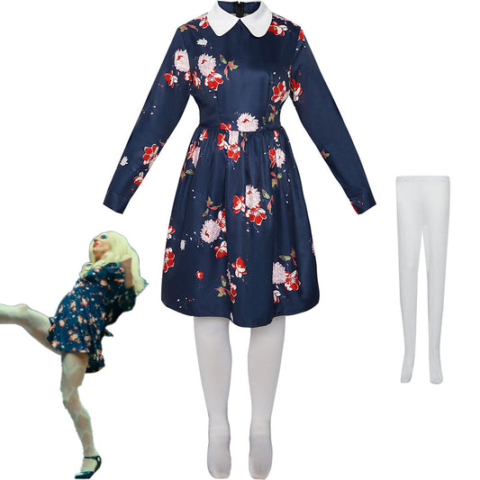 Joker 2 Joker Folie a Deux Costume Lady Gaga Harley Quinn Cosplay Navy Floral Dress with Stockings