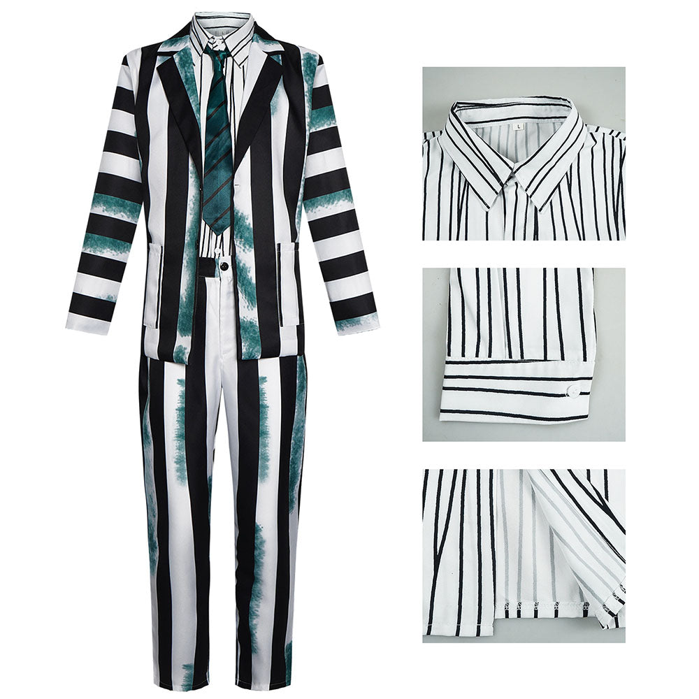 Movie Beetlejuice Costume Beetlejuice Cosplay Black and White Striped Green Brindle Suits Halloween