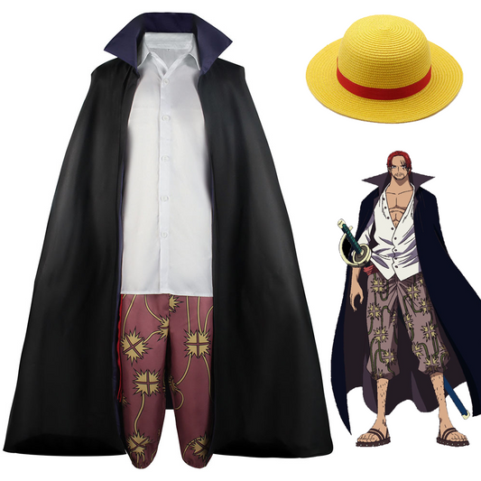 One Piece Red Hair Shanks Cosplay Costume full Outfit with Hat for Men Halloween