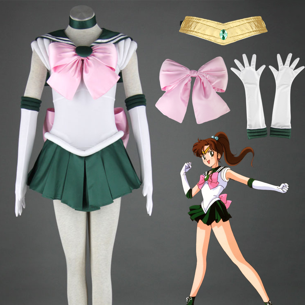 Anime Sailor Moon Costume Kino Makoto Sailor Jupiter Fighting Cosplay Outfit and Accessories Women and Kids Halloween