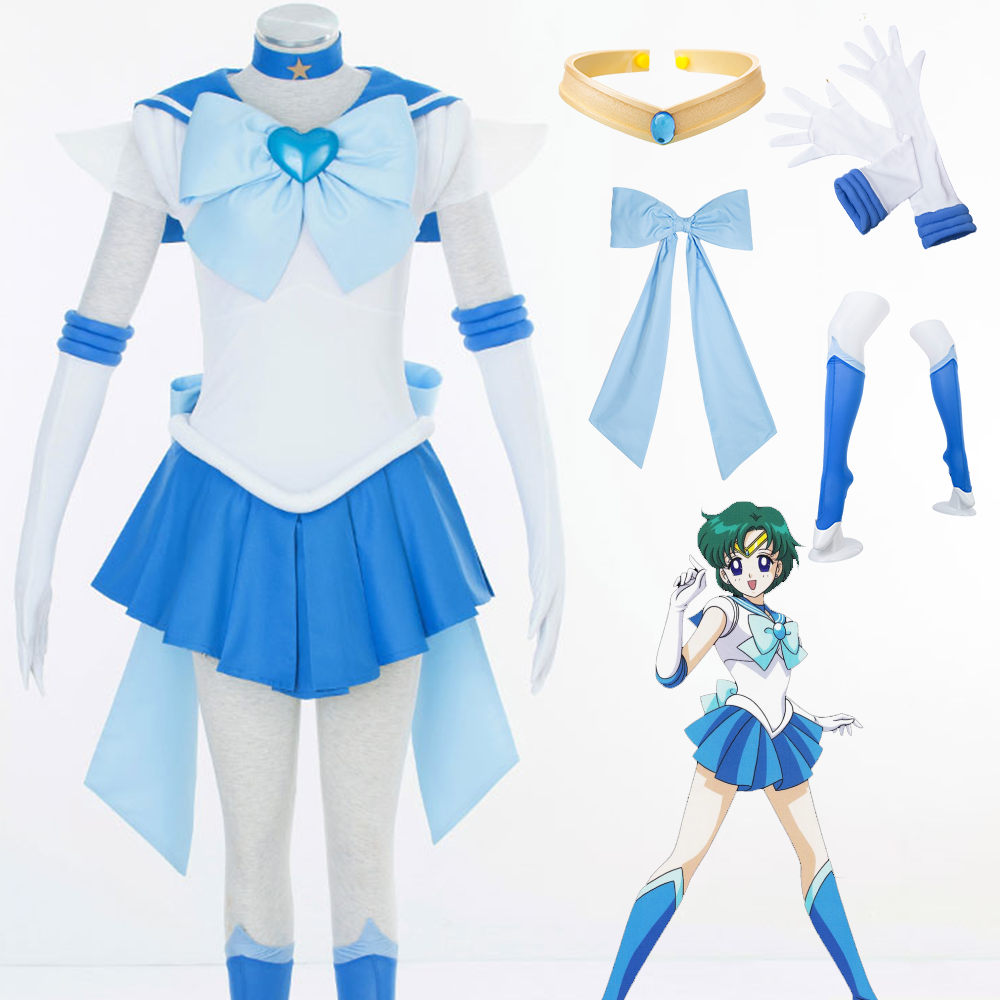 Halloween Anime Sailor Moon Costume Mizuno Ami Sailor mercury Fighting Cosplay Full Outfit